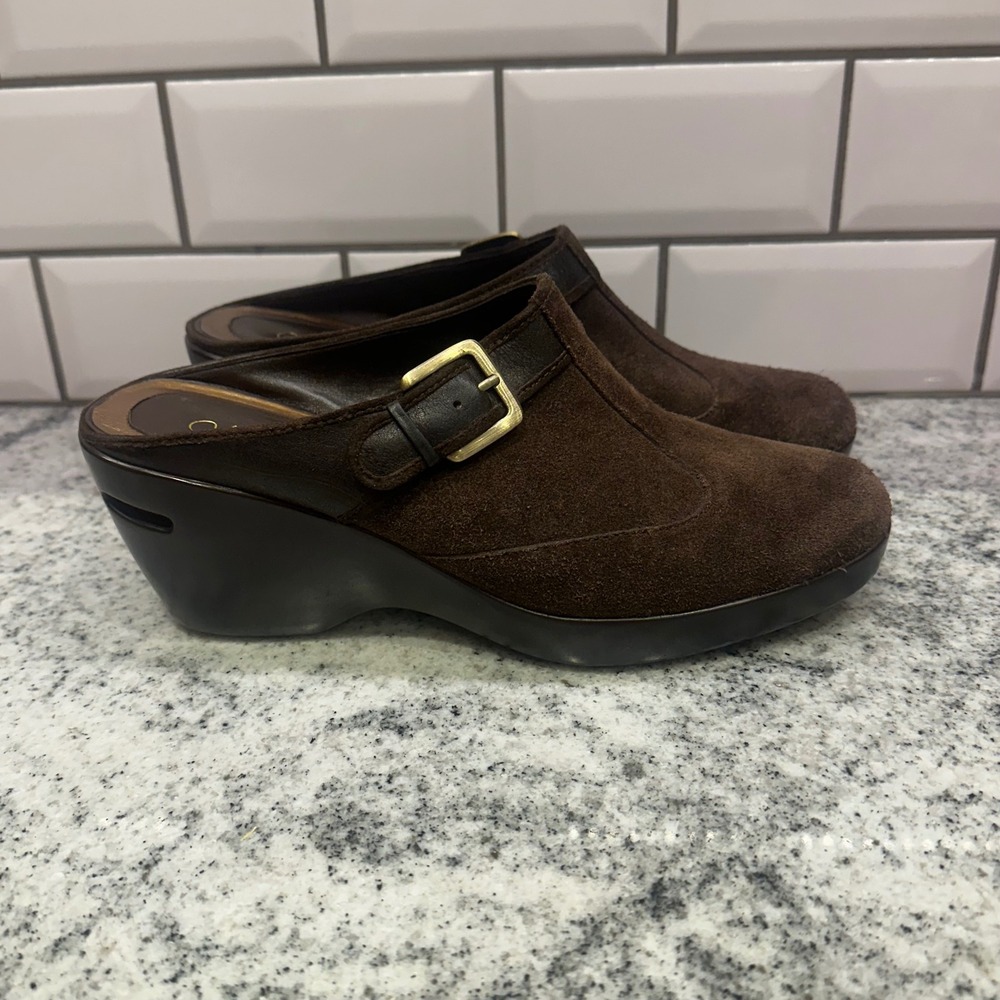 Cole Haan Nike Air Suede Wedge Mules Brown Buckle Slip On Women 9.5 Shoes